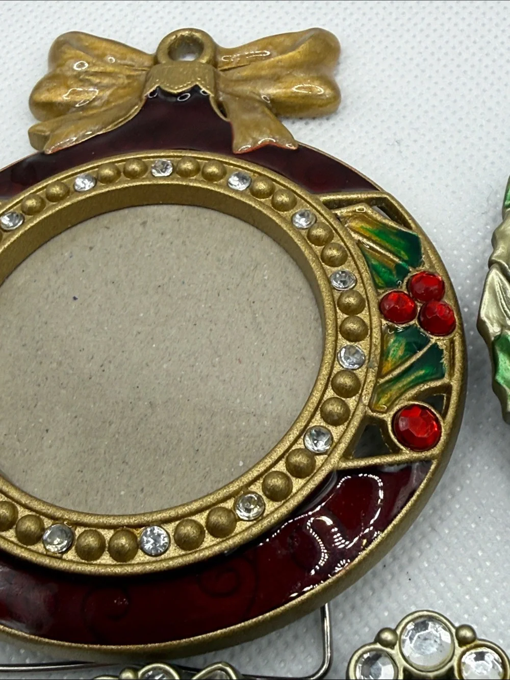 3 Holiday enamel & rhinestone mini photo picture frame wreath ornament bedazzled